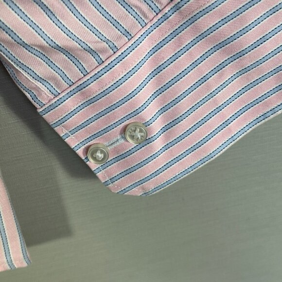 Thomas Pink Shirt Mens 15.5 Slim Fit Traveller Pink Blue Stripe Cotton Button Up - Picture 5 of 7